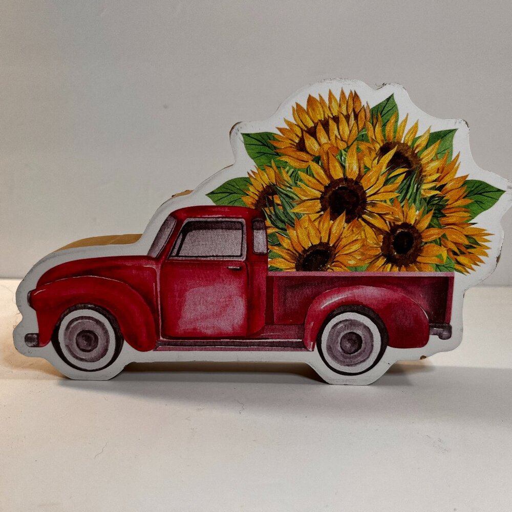 Old Red Truck & Sunflowers Wood Tabletop Table Decor 8" x 5" Preowned Summer